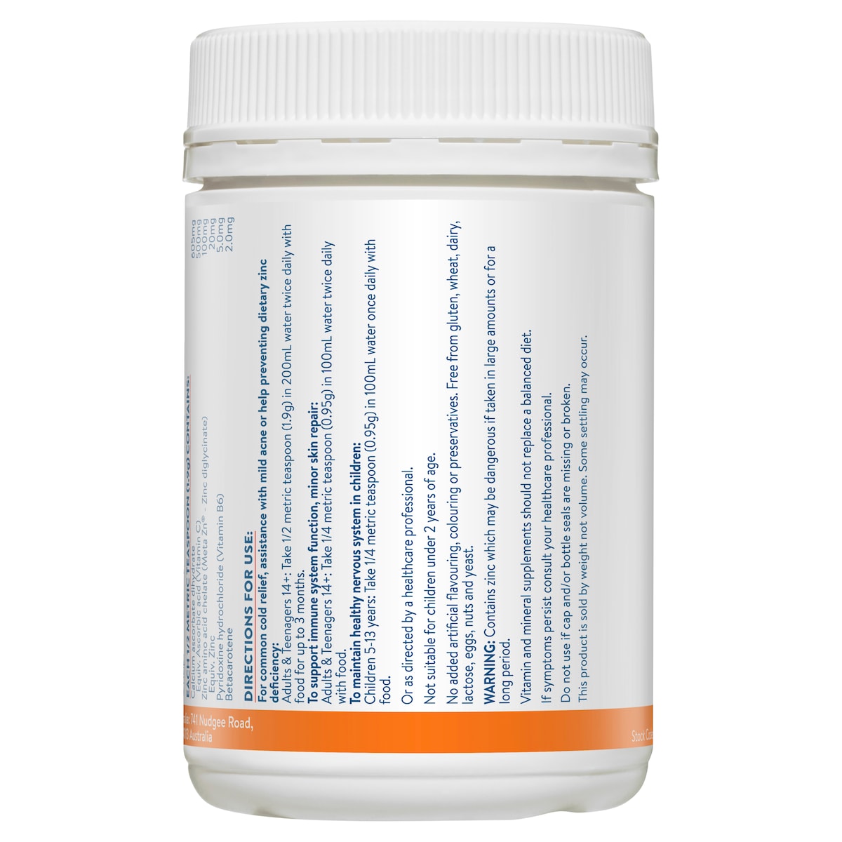 Ethical Nutrients Mega Zinc 40Mg With Vitamin C Orange 190G Powder