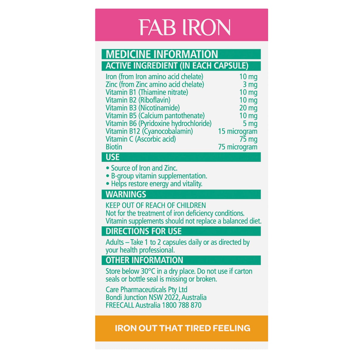 Fab Iron + Vitamin B + Zinc 60 Capsules