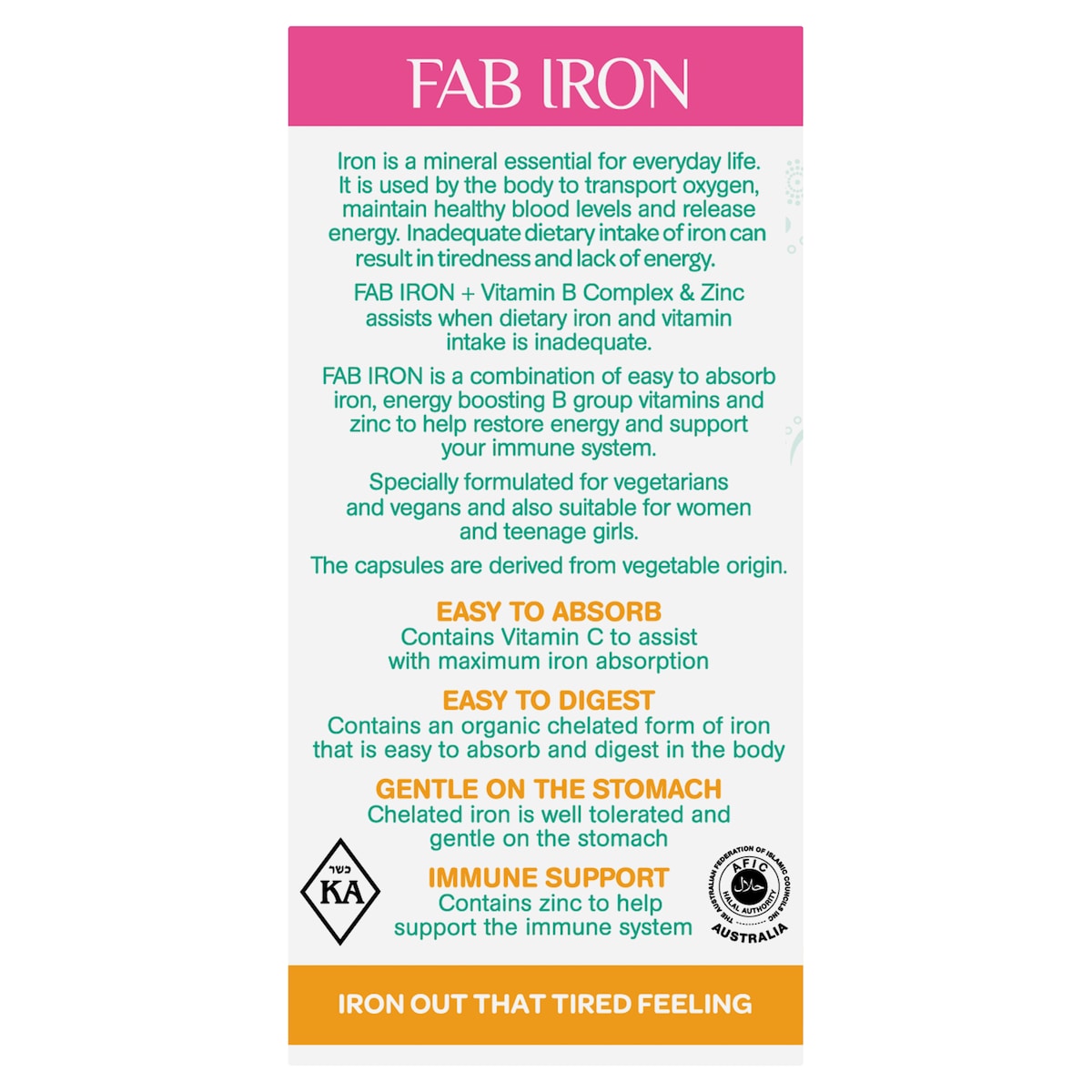 Fab Iron + Vitamin B + Zinc 60 Capsules