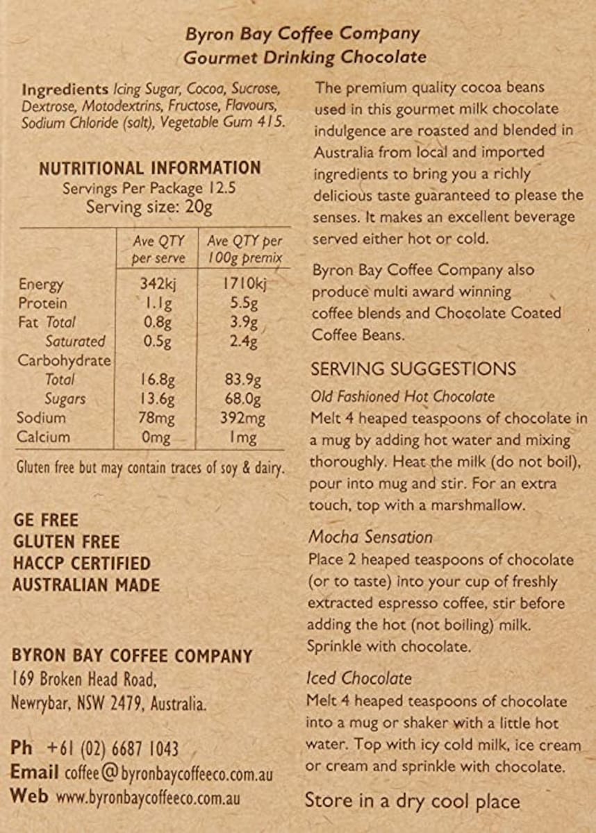 Byron Bay Coffee Company Gourmet Drinking Chocolate 250G