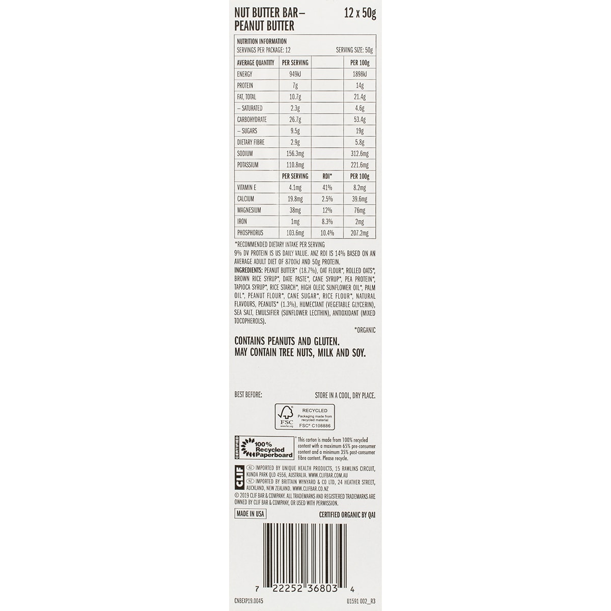 Clif Nut Butter Bar Peanut Butter 12 X 50G