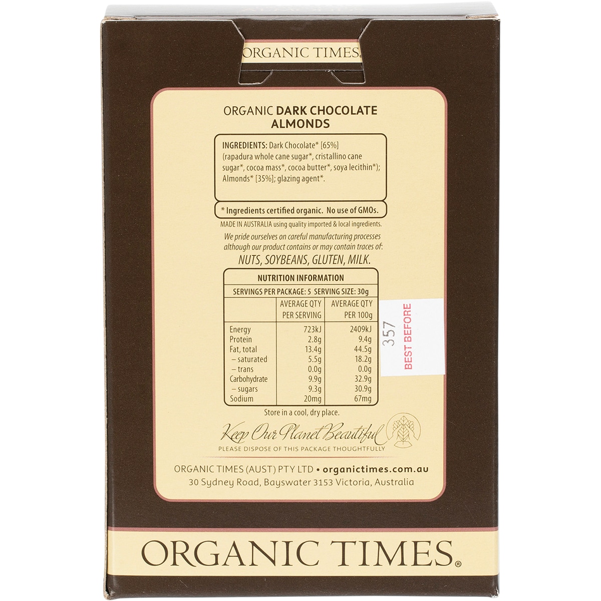 Organic Times Dark Chocolate Almonds 150G