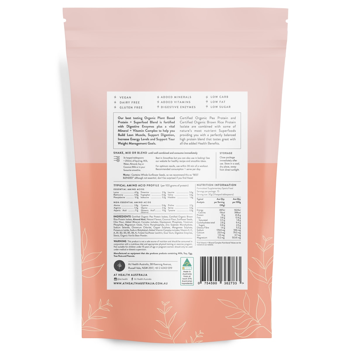 At Health Australia Organic Plant Based Protein Vanilla & Almond 450G