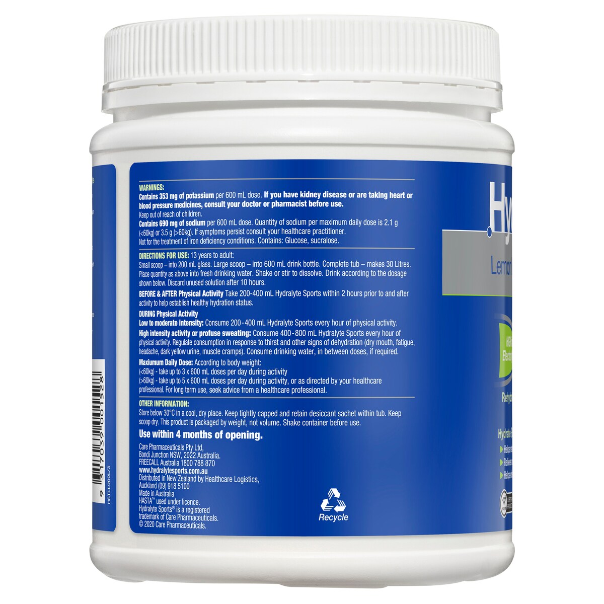 Hydralyte Sports Lemon Lime Flavour Electrolyte Powder 900G