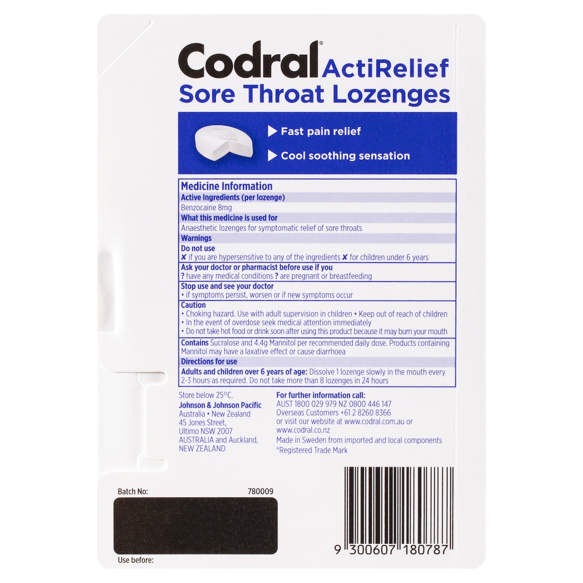 Codral Actirelief Sore Throat Lozenges Anaesthetic Coolmint 20 Pack