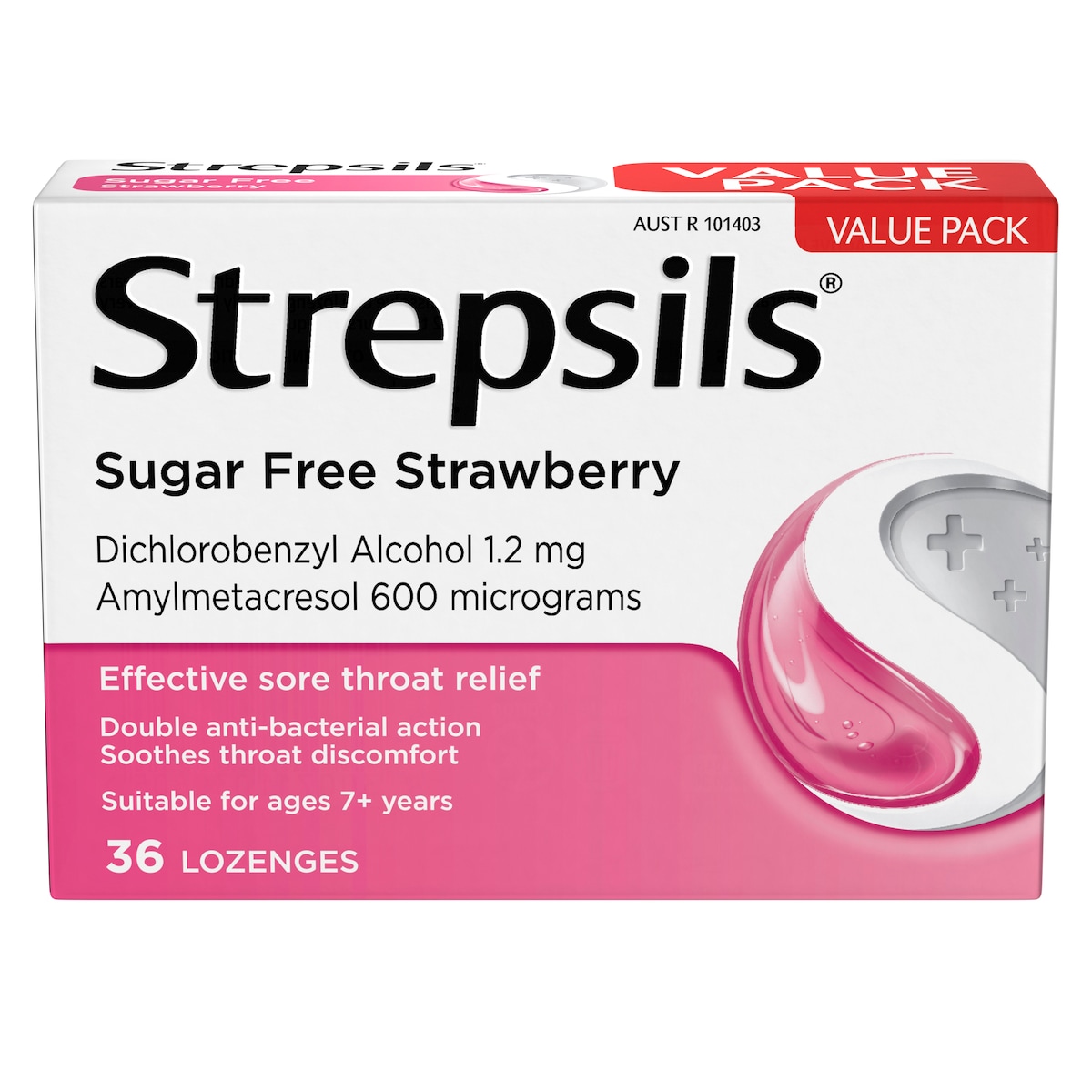 Strepsils Sugar Free Sore Throat Relief Strawberry 36 Lozenges