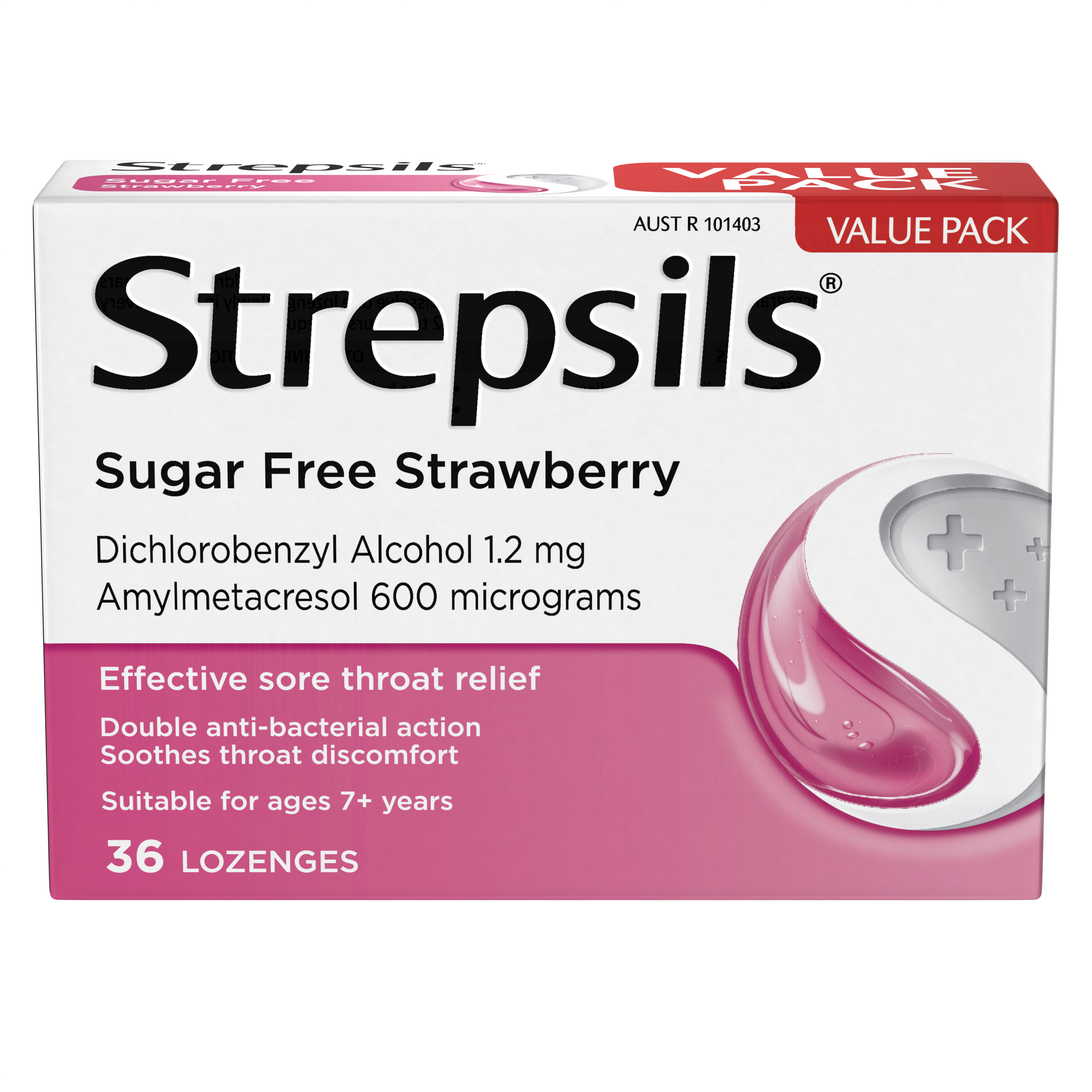 Strepsils Sugar Free Sore Throat Relief Strawberry 36 Lozenges