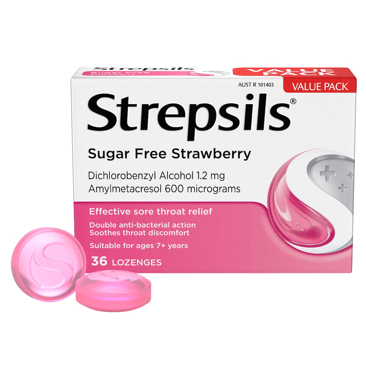 Strepsils Sugar Free Sore Throat Relief Strawberry 36 Lozenges