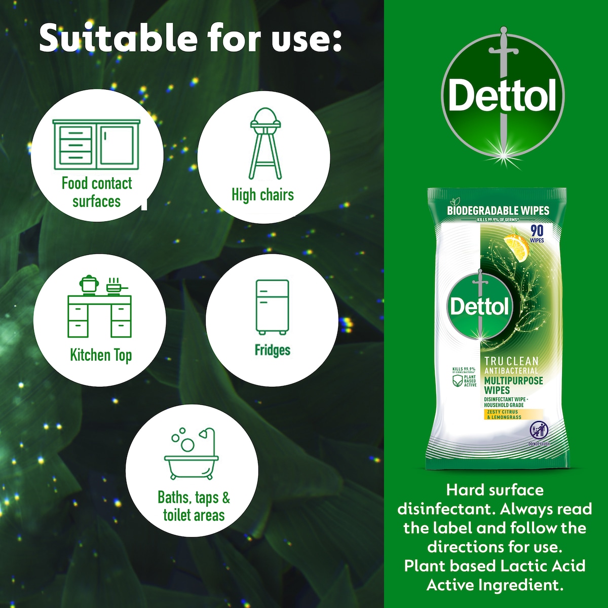 Dettol Tru Clean Antibacterial Wipes Zesty Citrus & Lemongrass 90 Pack