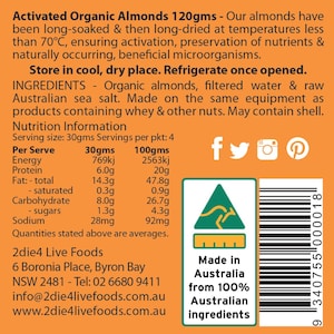 2Die4 Live Foods Organic Activated Almonds 120G