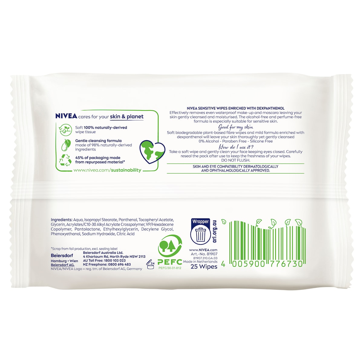 Nivea Sensitive Biodegradable Facial Cleansing Wipes 25 Pack