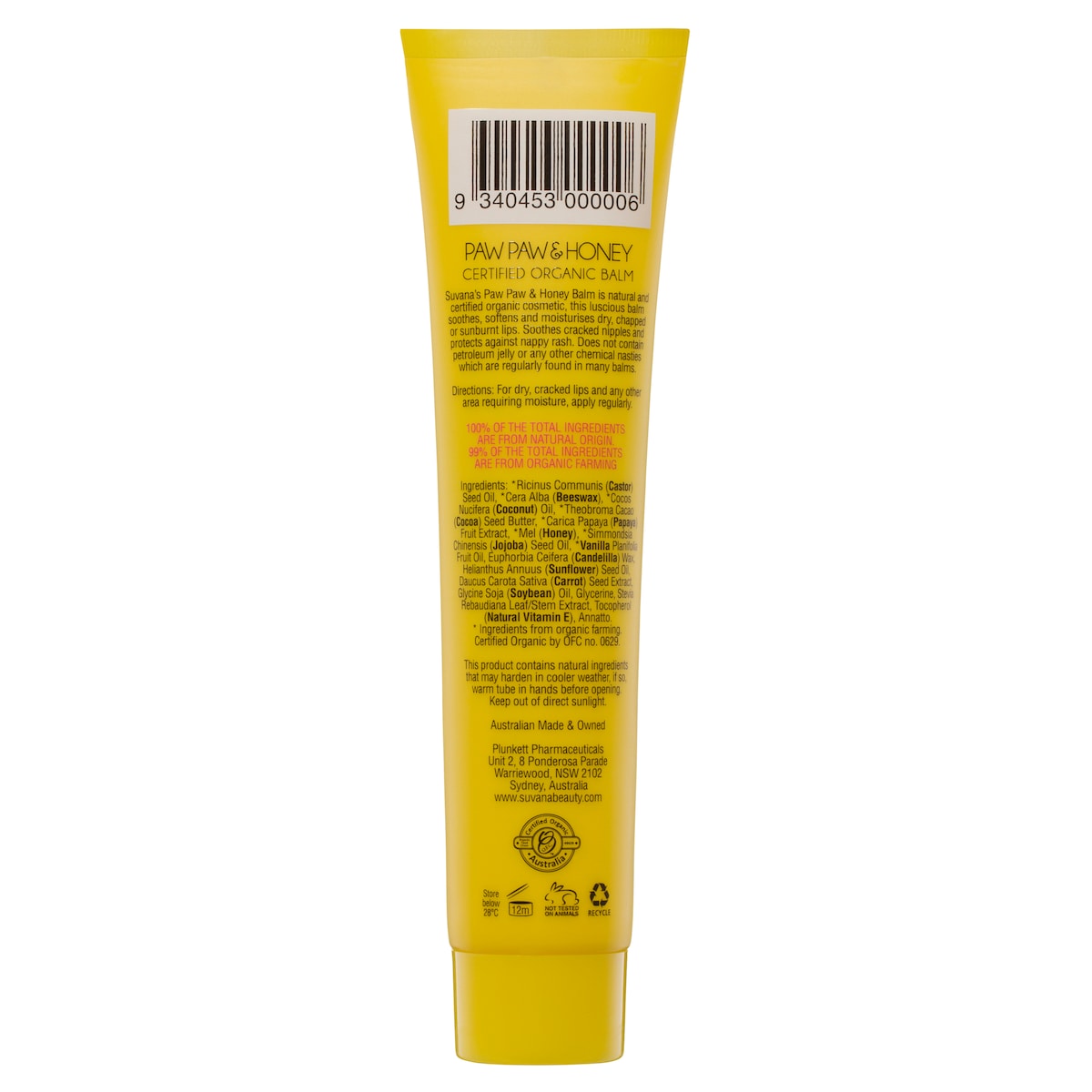 Suvana Certified Organic Pawpaw & Honey Lip Balm 25G