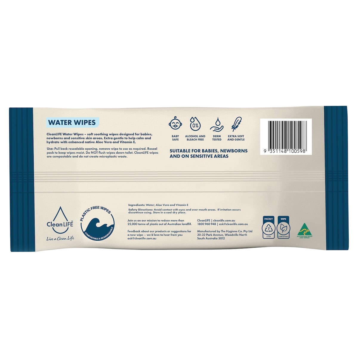 Cleanlife Extra Gentle Plastic Free Water Wipes For Baby & Newborns 80 Pack