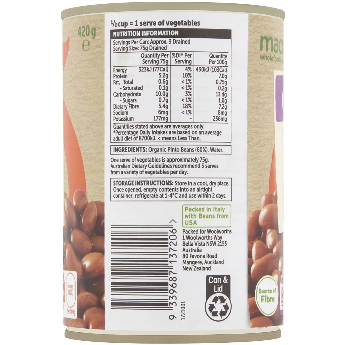 Macro Organic Pinto Beans No Added Salt 420G