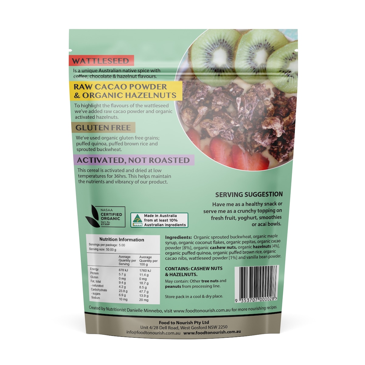 Food To Nourish Sprouted Clusters Cacao Wattleseed & Hazelnut 250G