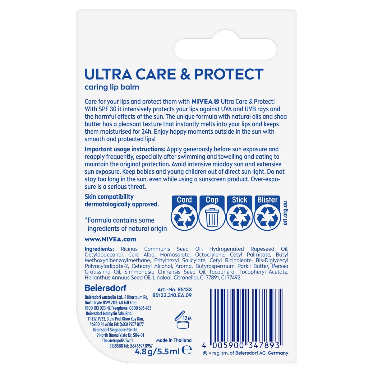 Nivea Ultra Care & Protect Spf30 Lip Balm 4.8G