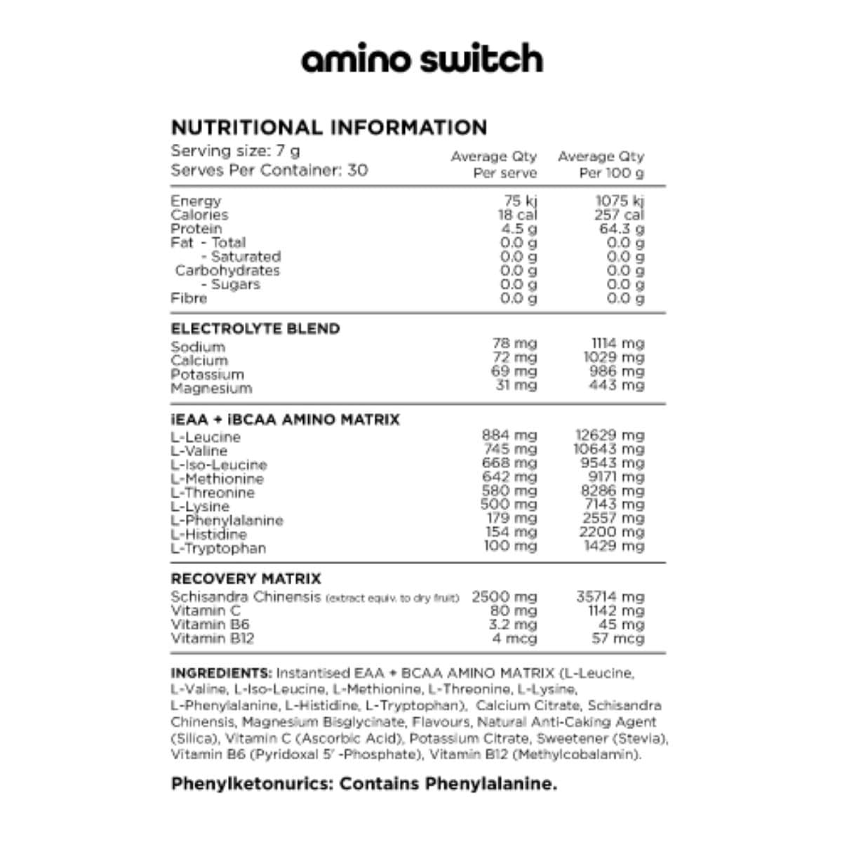 Switch Nutrition Amino Eaa + Bcaa Recovery Matrix Watermelon 210G