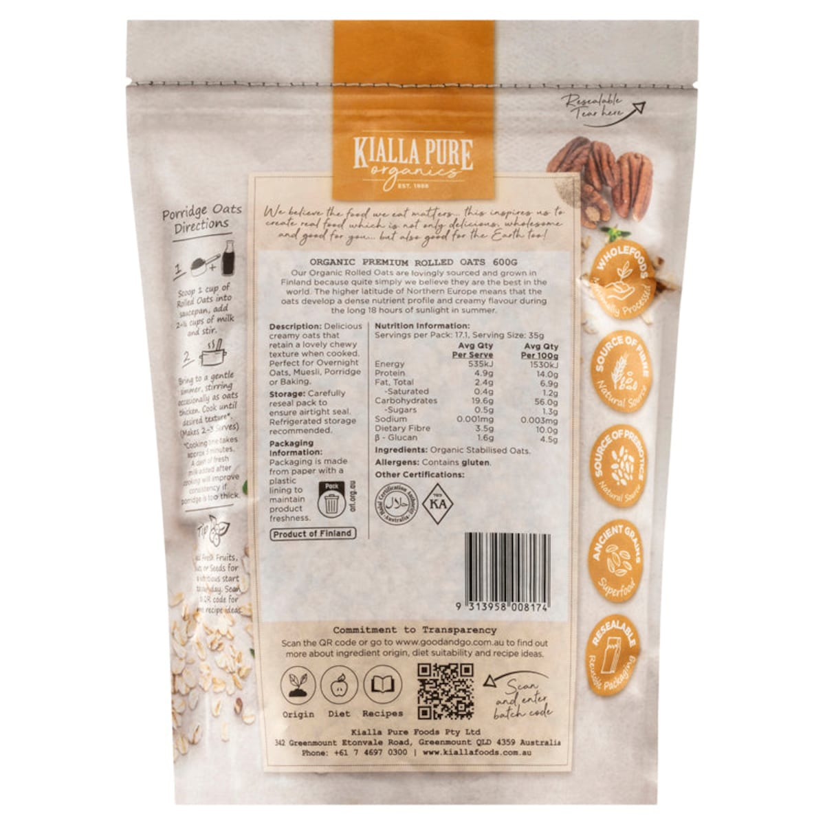 Kialla Organic Rolled Oats 600G