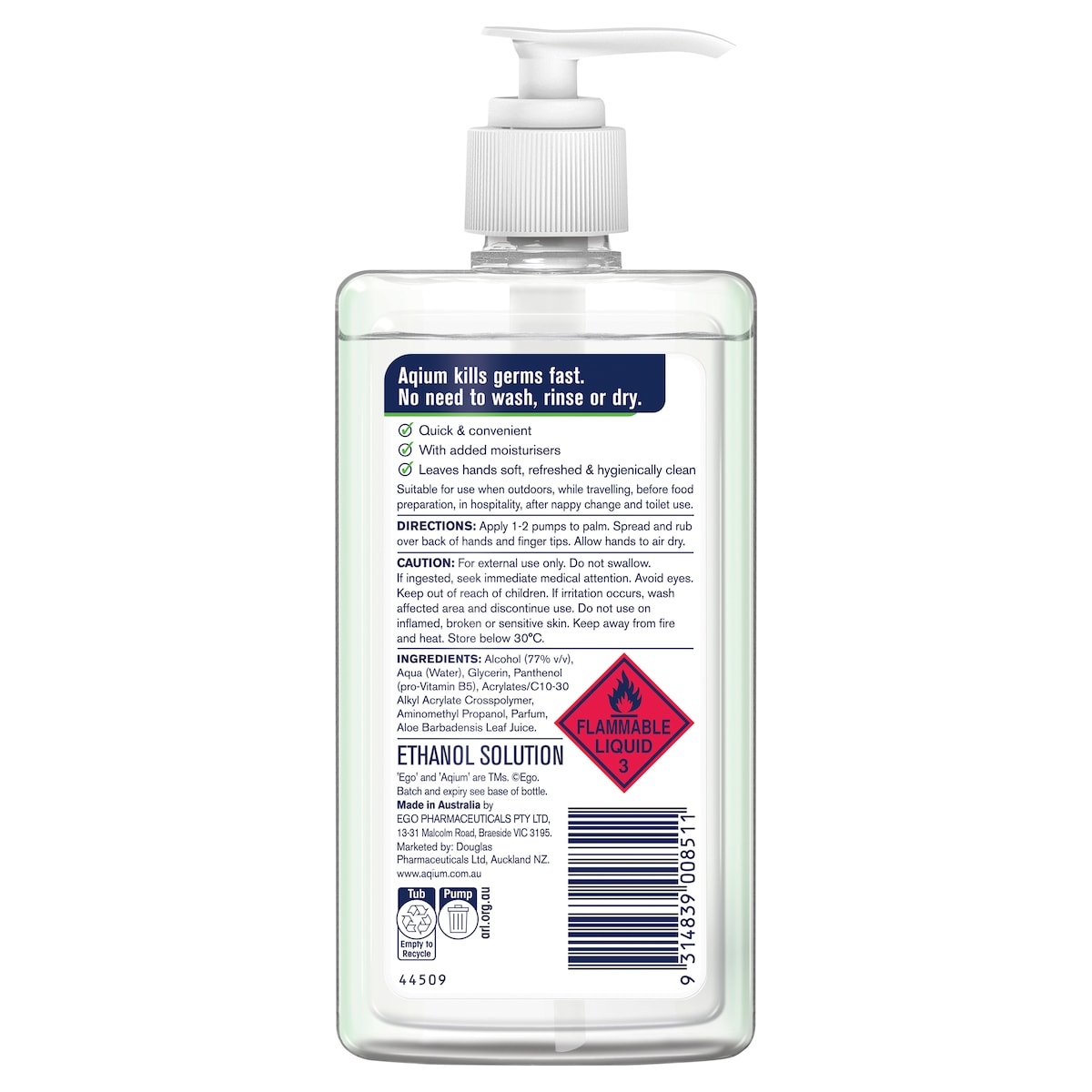 Ego Aqium Antibacterial Hand Sanitiser With Aloe 375Ml