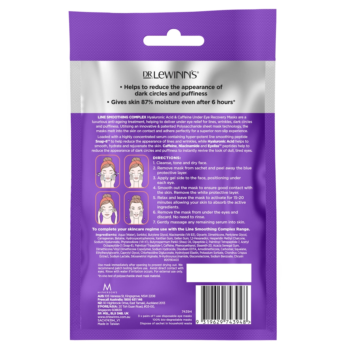 Dr Lewinns Line Smoothing Complex S8 Hyaluronic Acid & Caffeine Under Eye Recovery Masks 3 Pack