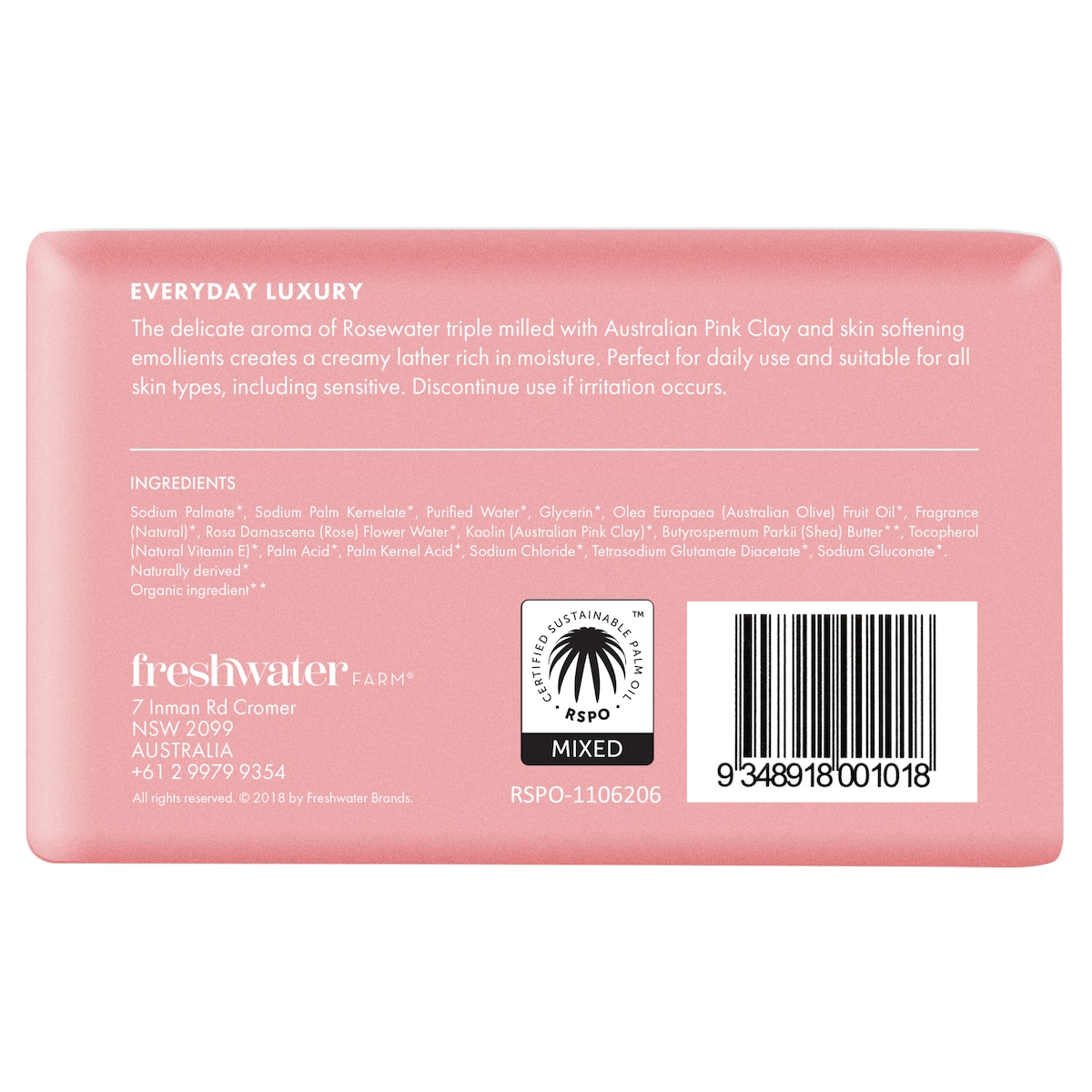 Freshwater Farm Rosewater + Pink Clay Body Bar 200G