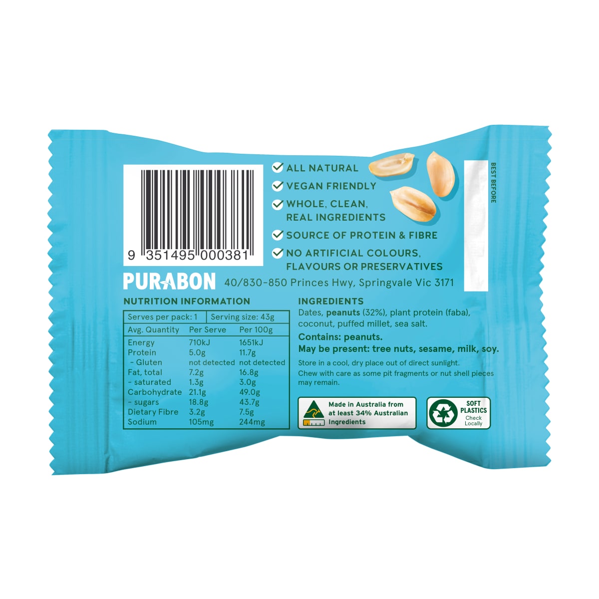 Purabon Protein Ball Peanut Butter 43G