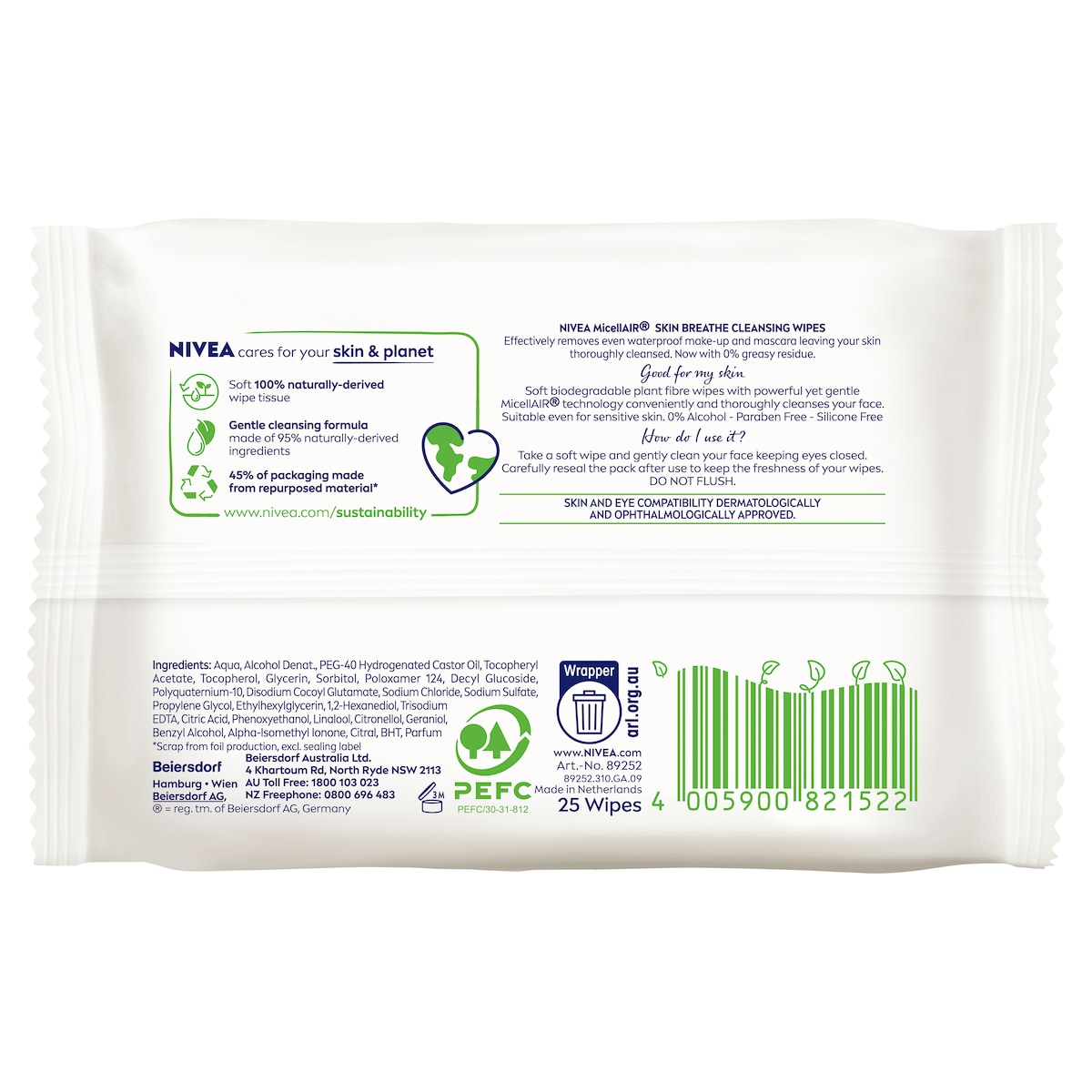 Nivea Micellair Biodegradable Facial Cleansing Wipes 25 Pack