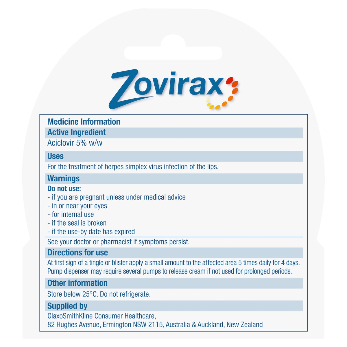 Zovirax Anti-Viral Cold Sore Cream Pump 2G