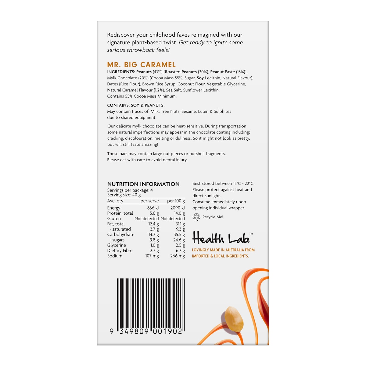 Health Lab Caramel Peanut Mylk Chococolate Bars 4 X 40G