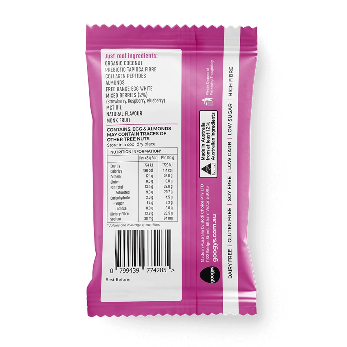 Googy's Good Fat Collagen Bar Mixed Berry 45G