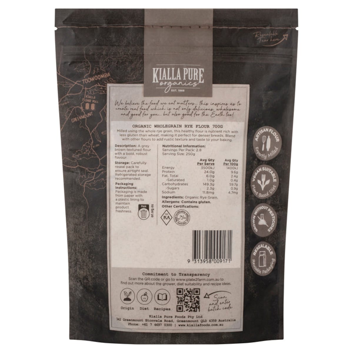 Kialla Organic Wholegrain Rye Flour 700G