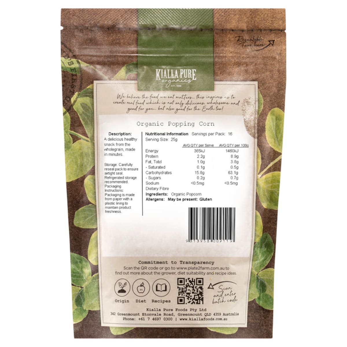 Kialla Organic Popping Corn 400G