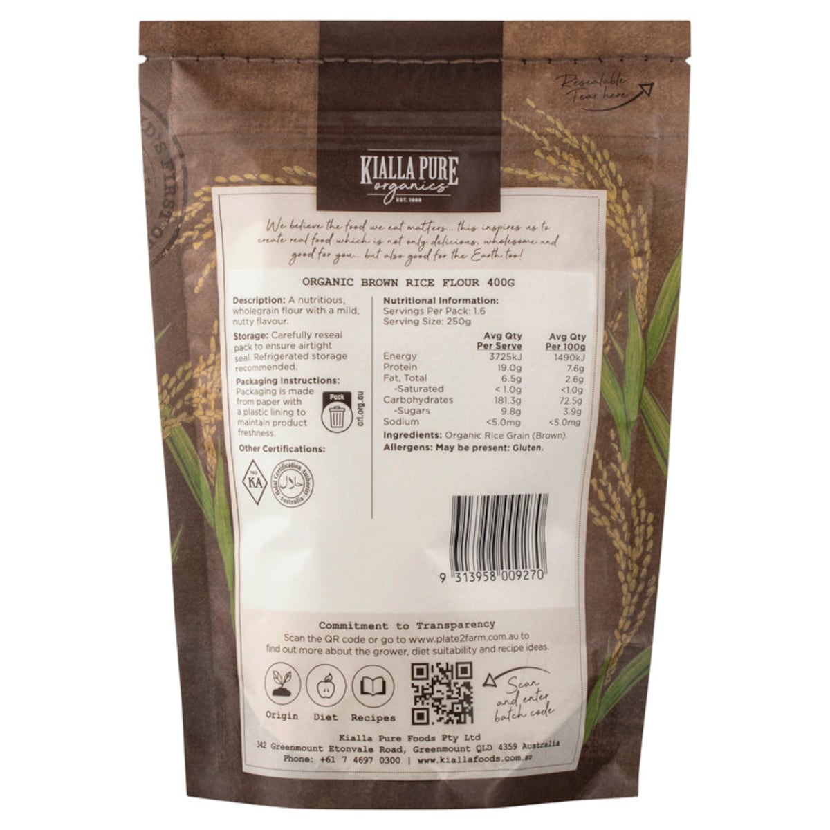 Kialla Organic Brown Rice Flour 400G