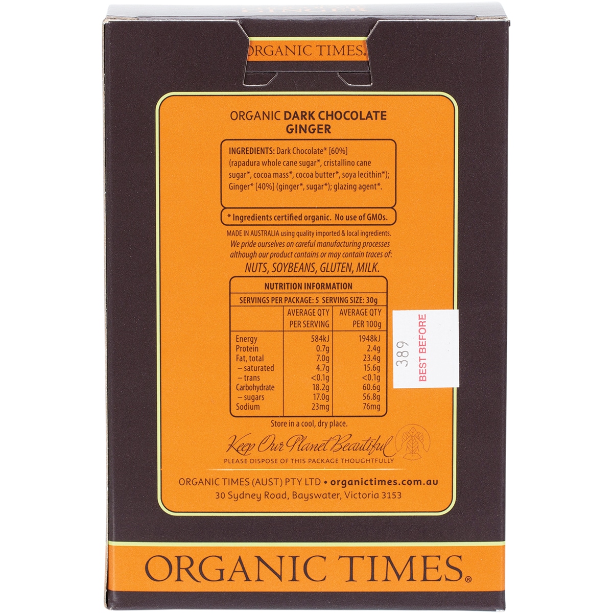 Organic Times Dark Chocolate Ginger 150G