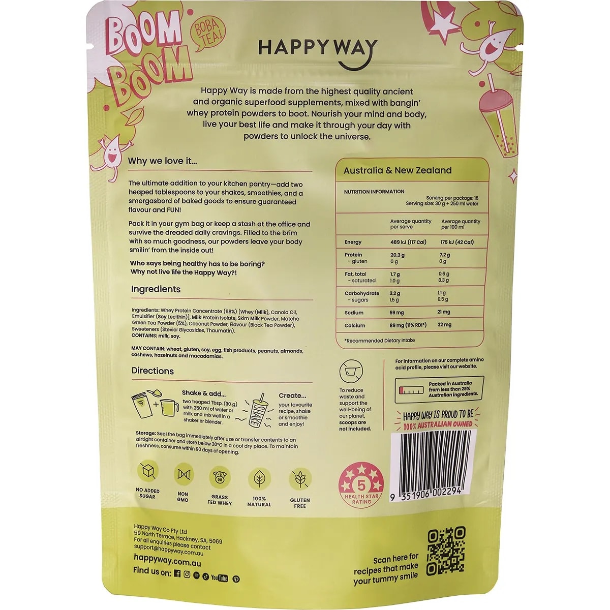 Happy Way Whey Protein Powder Matcha Milk Boba Tea 500G