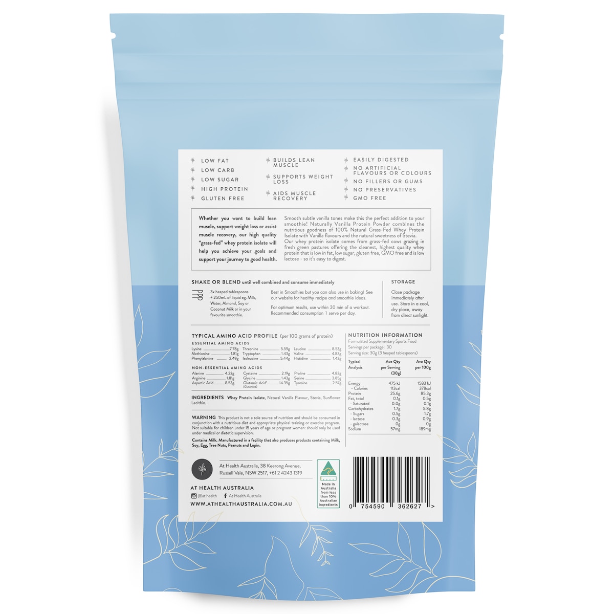 At Health Australia Naturally Vanilla Grass-Fed Whey Protein Isolate 900G