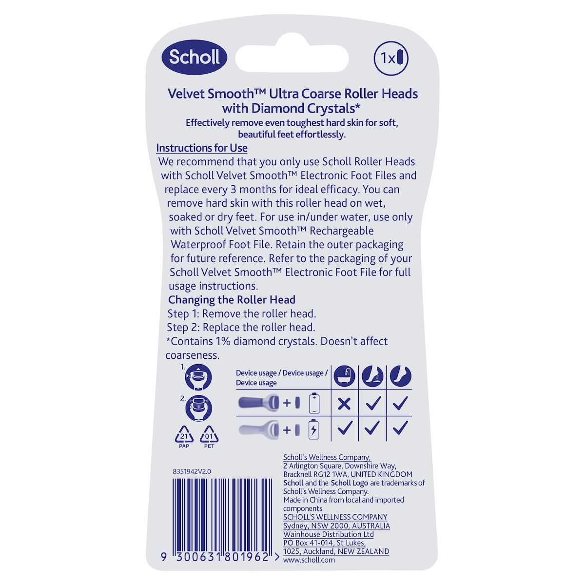 Scholl Velvet Smooth Wet And Dry Roller Head Ultra Coarse Refill 1 Pack