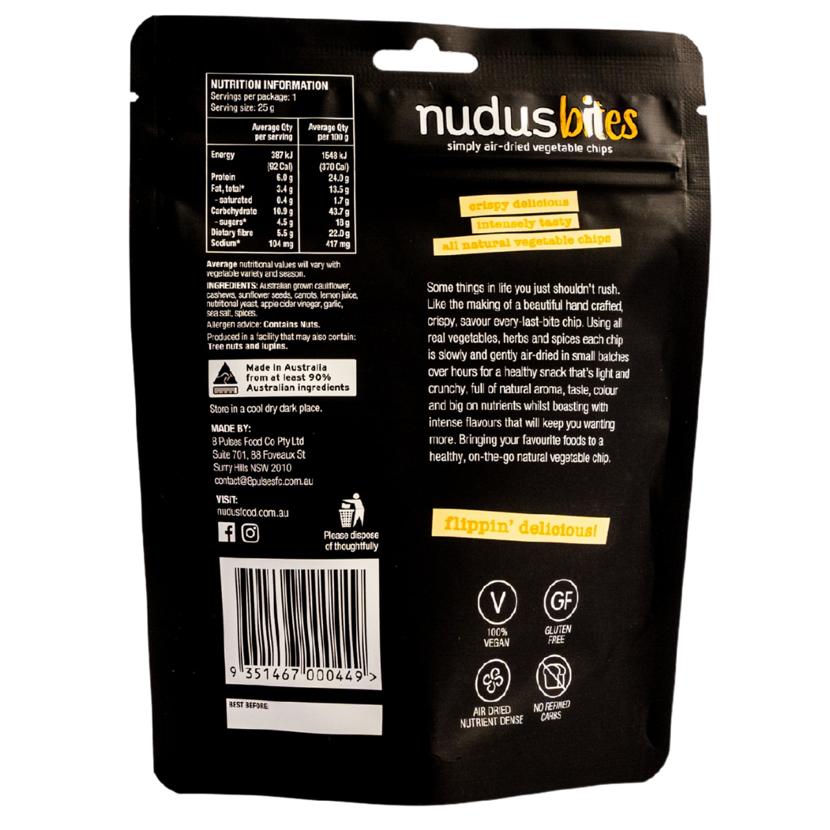 Nudus Bites Air-Dried Cauliflower Floret Cheeky Cheesy Vegan Chips 25G