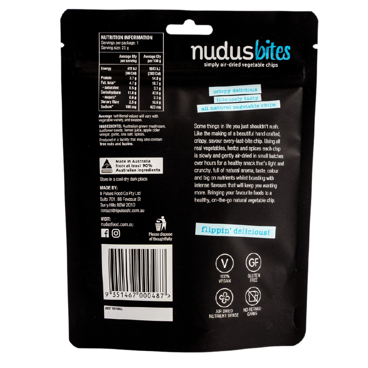 Nudus Bites Air-Dried Mushroom Chips Cracking Sea Salt 25G