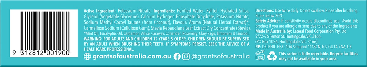 Grants Natural Toothpaste Sensitive Fluoride Free 100G