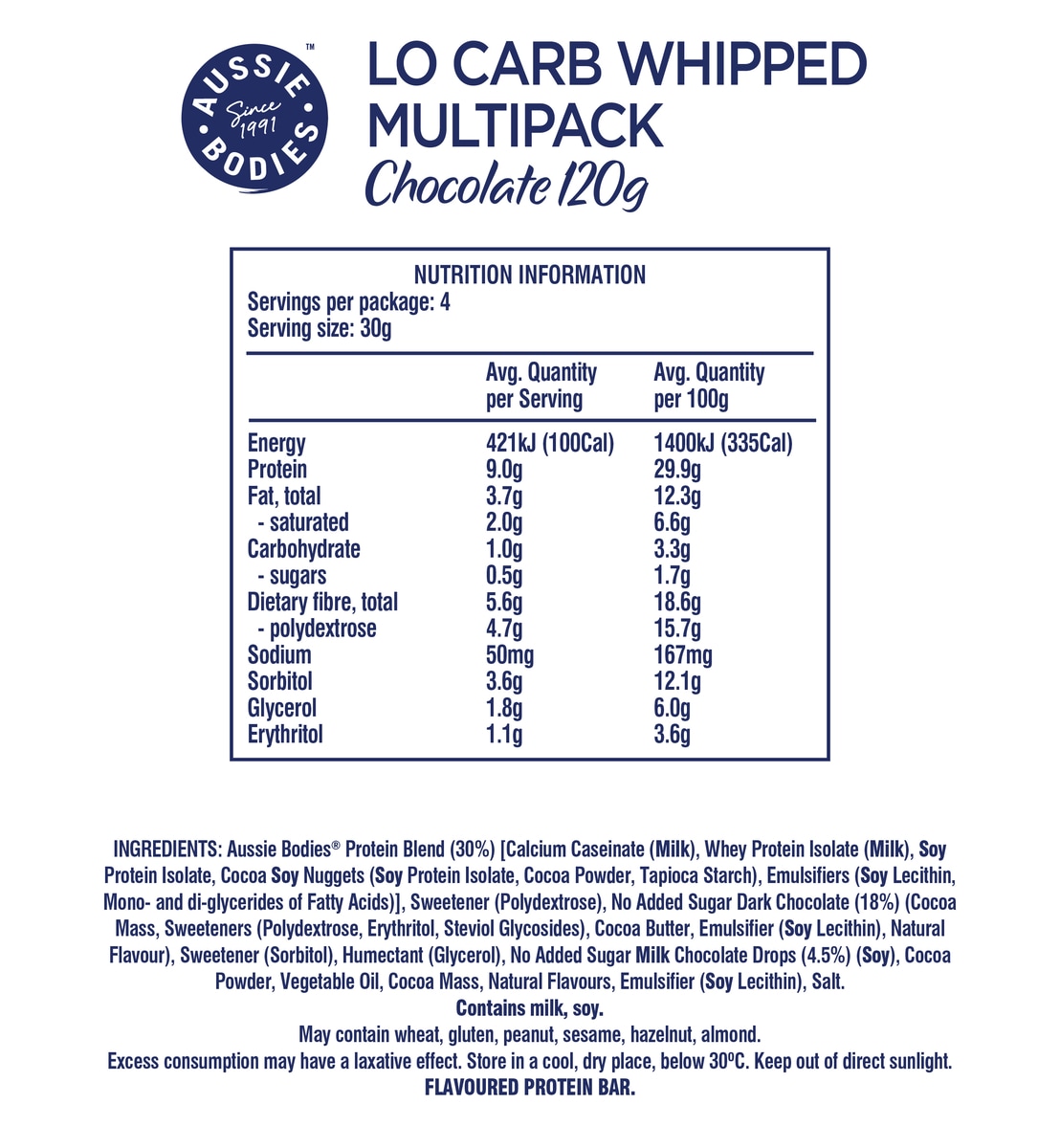 Aussie Bodies Lo Carb Whipped Chocolate Bars 4 X 30G