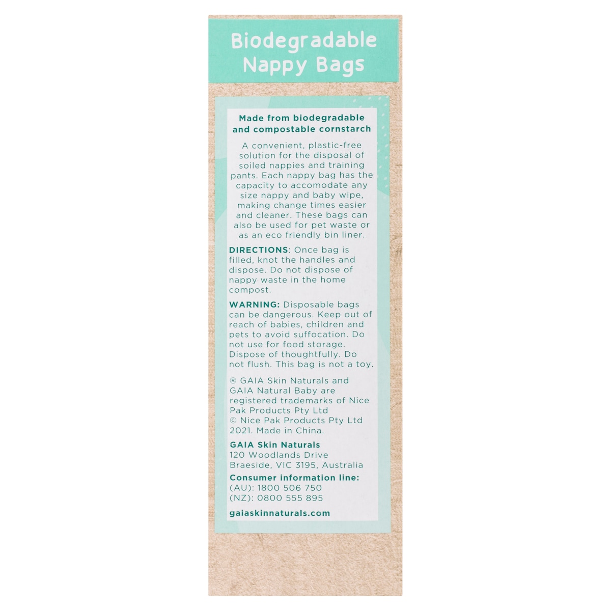 Gaia Natural Baby Biodegradable Nappy Bags 50 Pack