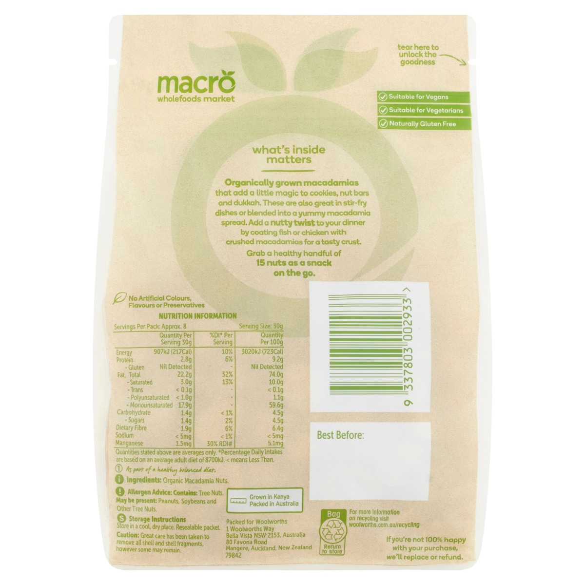 Macro Organic Raw Macadamia 250G