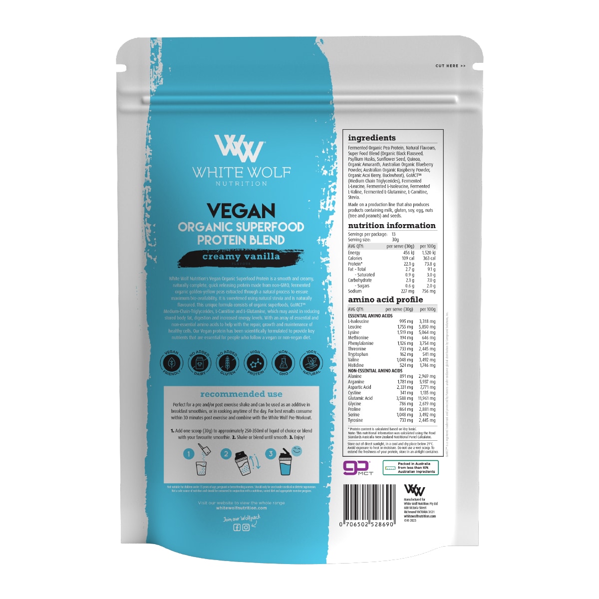 White Wolf Nutrition Vegan Protein With Superfoods Creamy Vanilla 400G