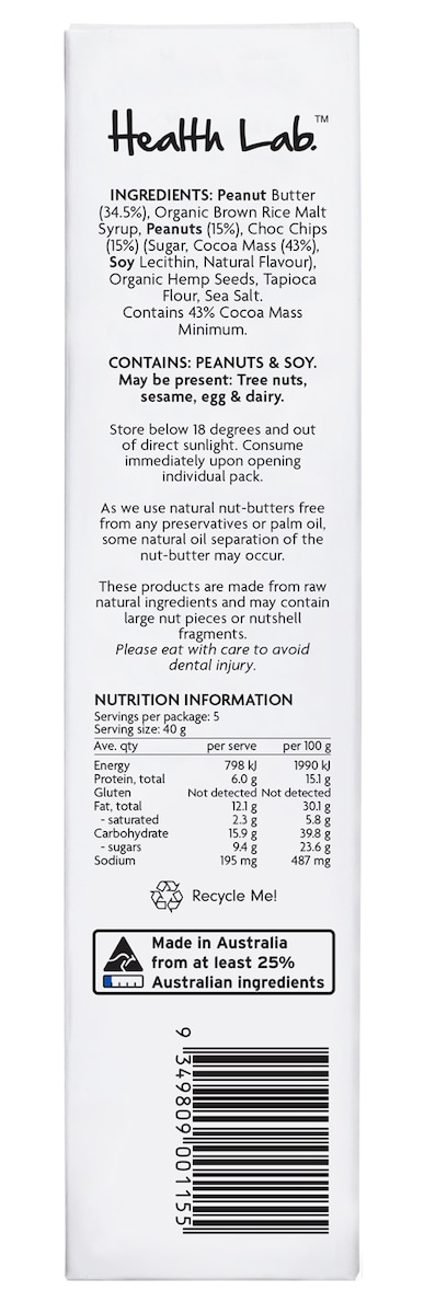 Health Lab Chewy Choc Chip Pb Ball 5 X 40G