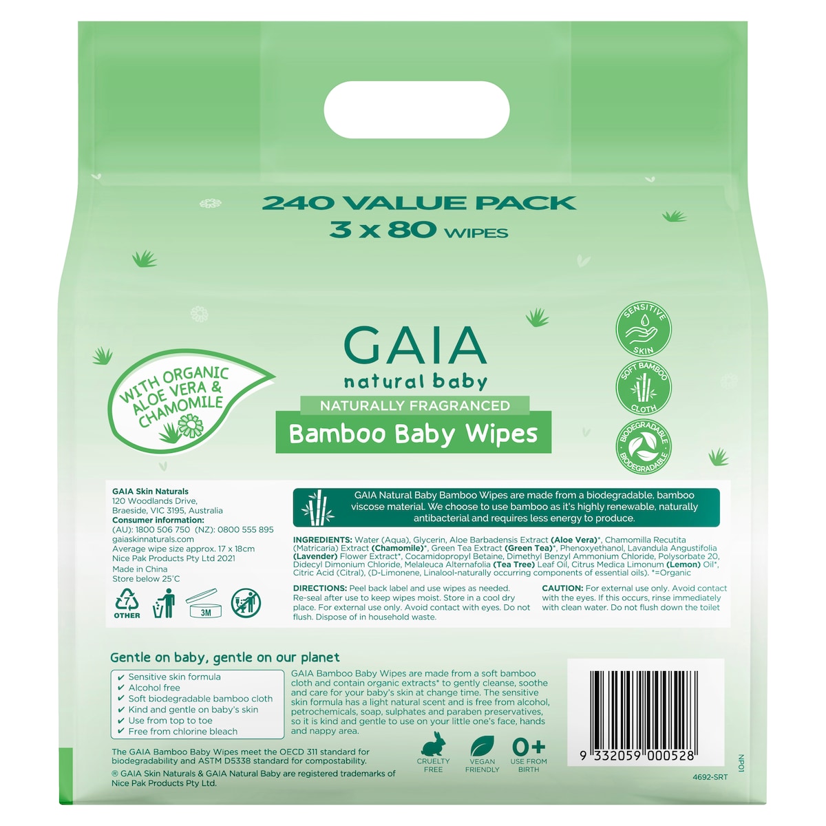 Gaia Natural Baby Bamboo Wipes 240 Pack