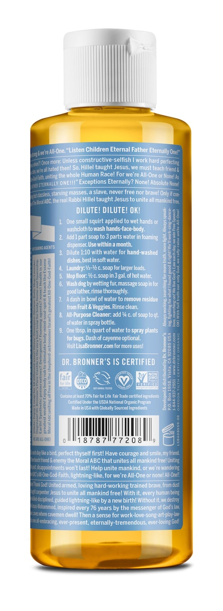 Dr Bronners Pure Castile Liquid Soap Baby Unscented 237Ml