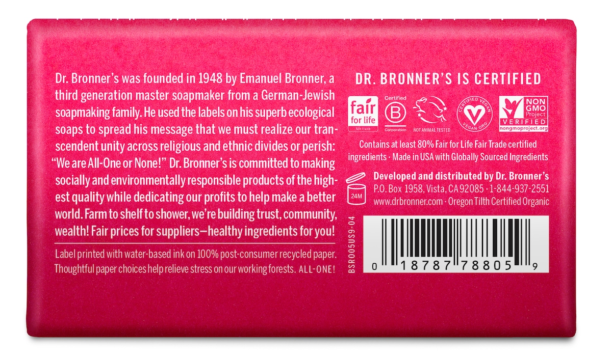 Dr Bronners Pure Castile Bar Soap Rose 140G