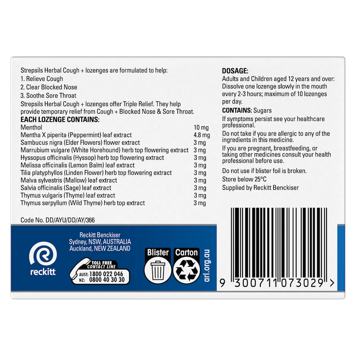 Strepsils Herbal Cough+ Fresh Menthol 16 Lozenges