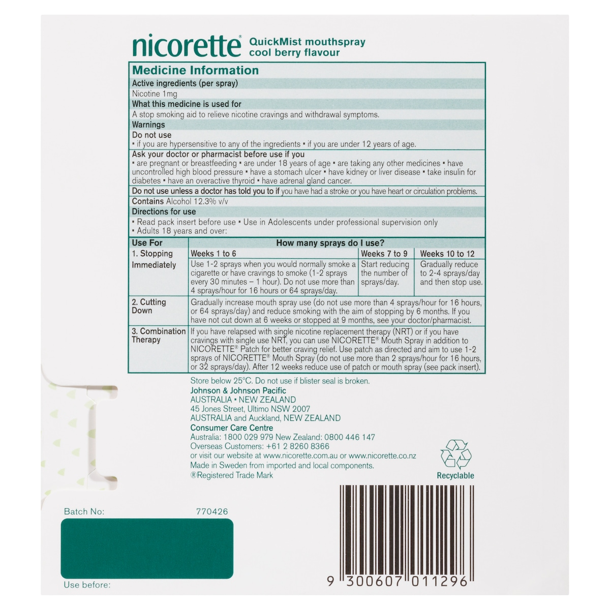 Nicorette Quit Smoking Quickmist Nicotine Nicotine Mouth Spray Berry 2 X 150 Sprays